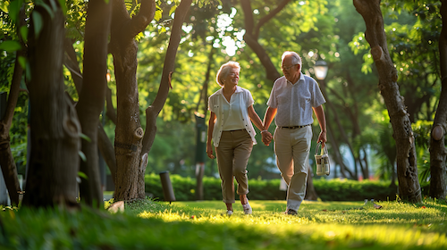 Älteres Paar geht im Park spazieren. Sie scheinen beide bei bester Gesundheit zu sein. Ein Erfolg für die Prävention von Krankheiten.